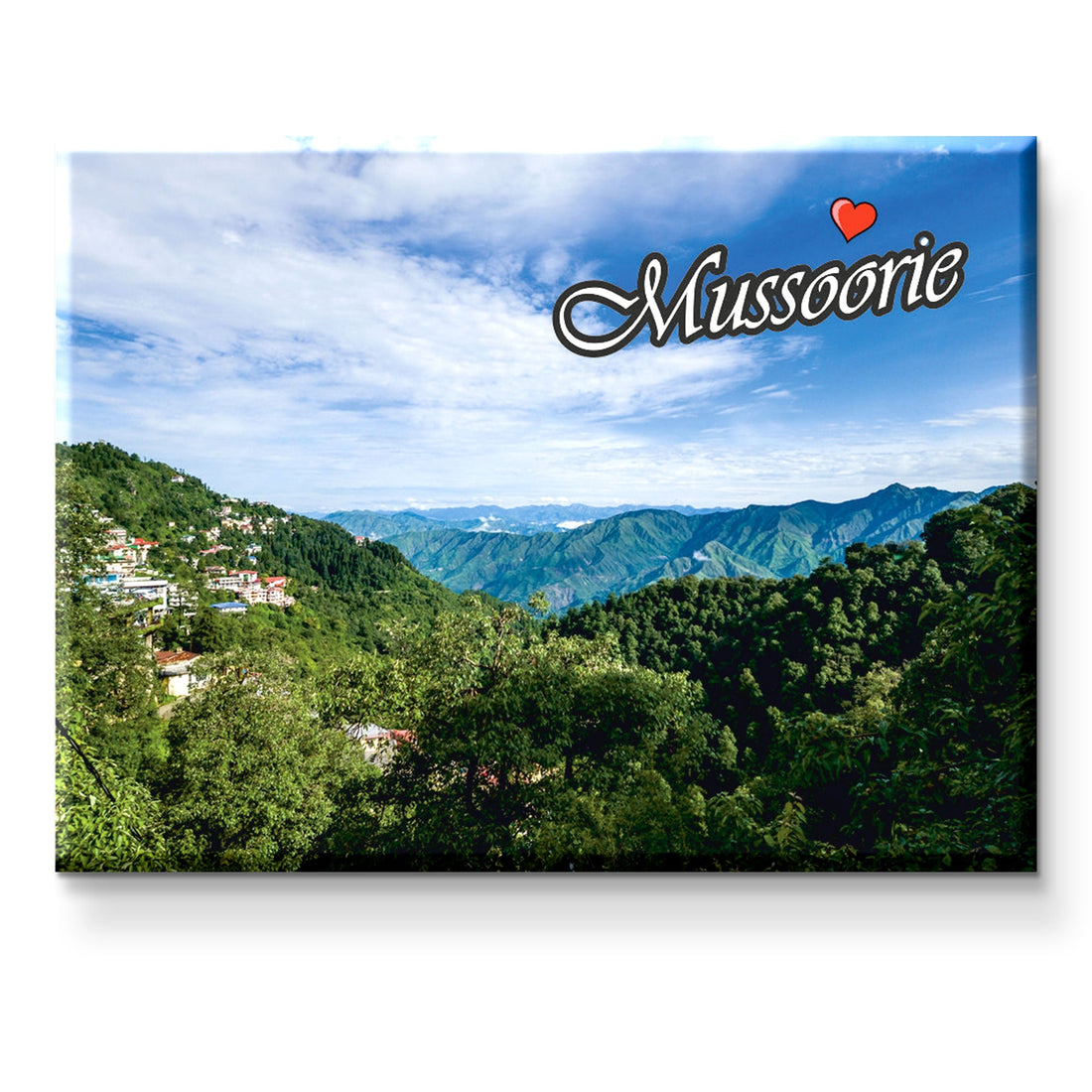 Stickerji Mussoorie wooden fridge magnet featuring scenic Himalayan valley view – handcrafted souvenir from Queen of the Hills
