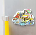 Aamchi Mumbai wooden fridge magnet with Bollywood, Gateway of India, BEST bus, vada pav and city of dreams illustrations – handcrafted souvenir by Stickerji