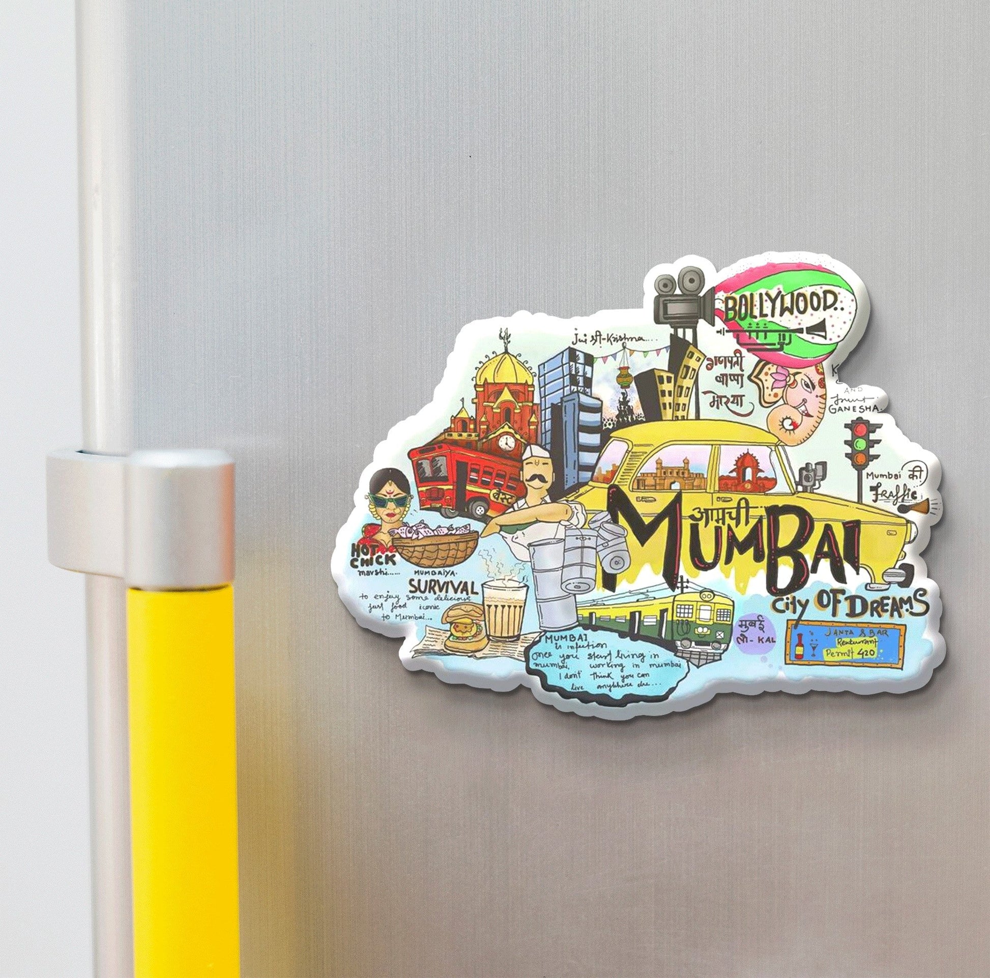 Aamchi Mumbai wooden fridge magnet with Bollywood, Gateway of India, BEST bus, vada pav and city of dreams illustrations – handcrafted souvenir by Stickerji