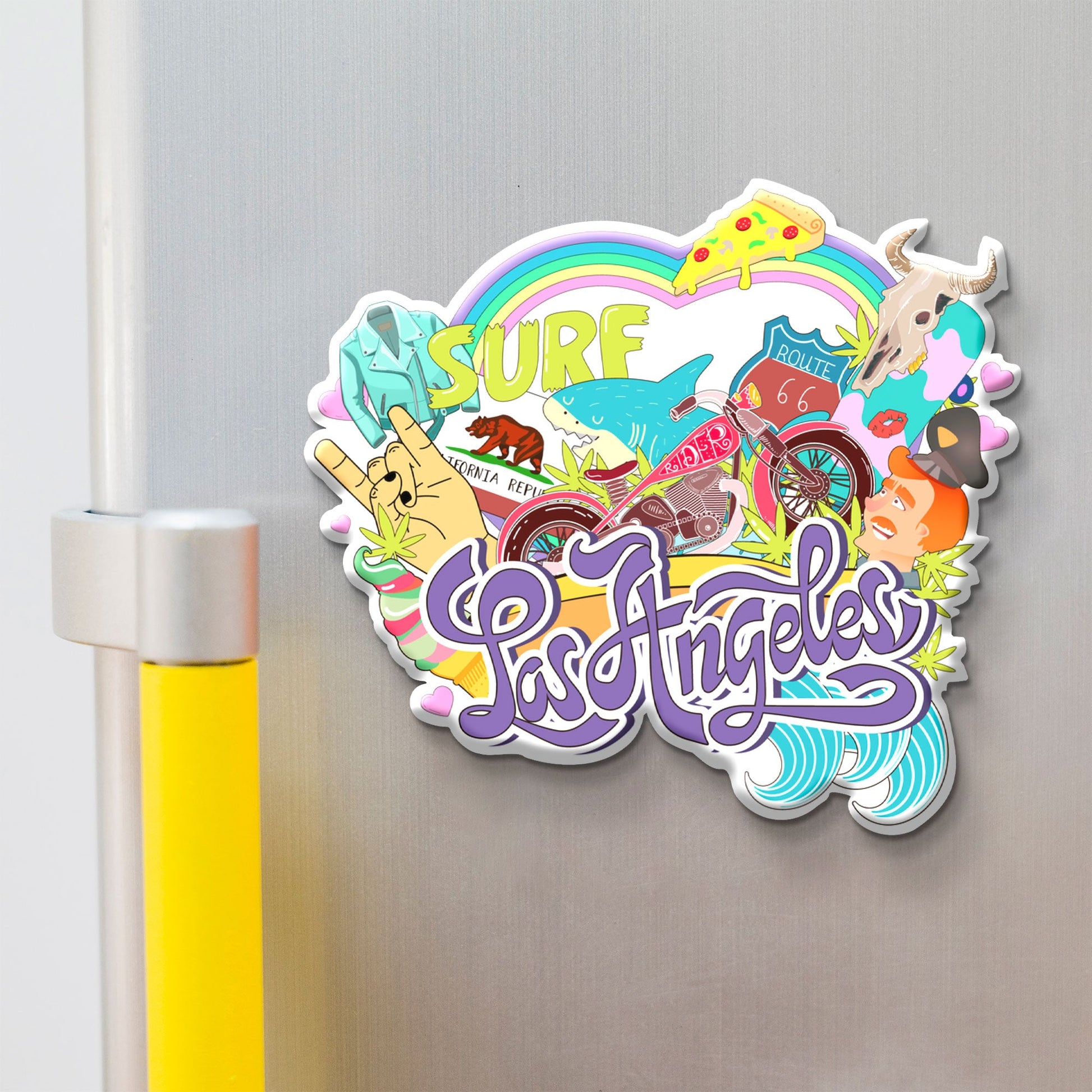 Los Angeles Wooden Fridge Magnet by Stickerji – Premium MDF souvenir travel keepsake gift displayed on refrigerator
