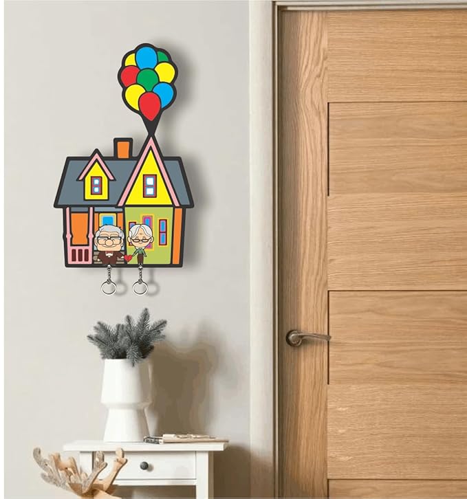 UP Movie inspired wooden wall key holder with matching keychain mounted near door