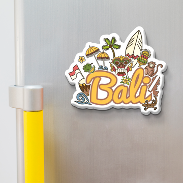 Stickerji Bali Wooden Fridge Magnet displayed on refrigerator – colourful Bali souvenir travel keepsake with tropical island artwork