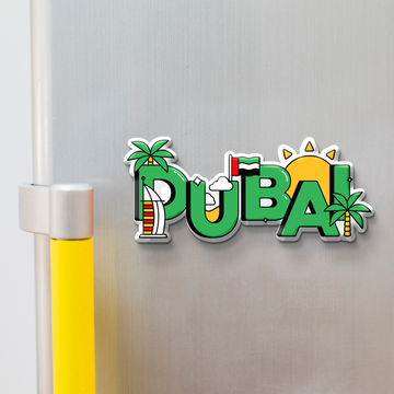 Dubai wooden fridge magnet by Stickerji – multicolor souvenir magnet featuring DUBAI text with Burj Khalifa and Palm Jumeirah design, shown on refrigerator