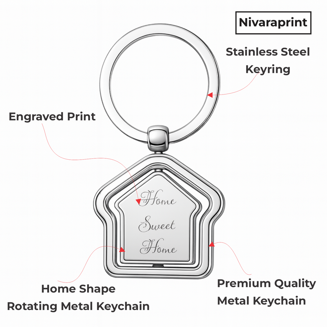 Stickerji Home Sweet Home Keychain | Metal Keychain | Home Shape | Rotating Keychain | Pack of 2 - Stickerji premium quality product