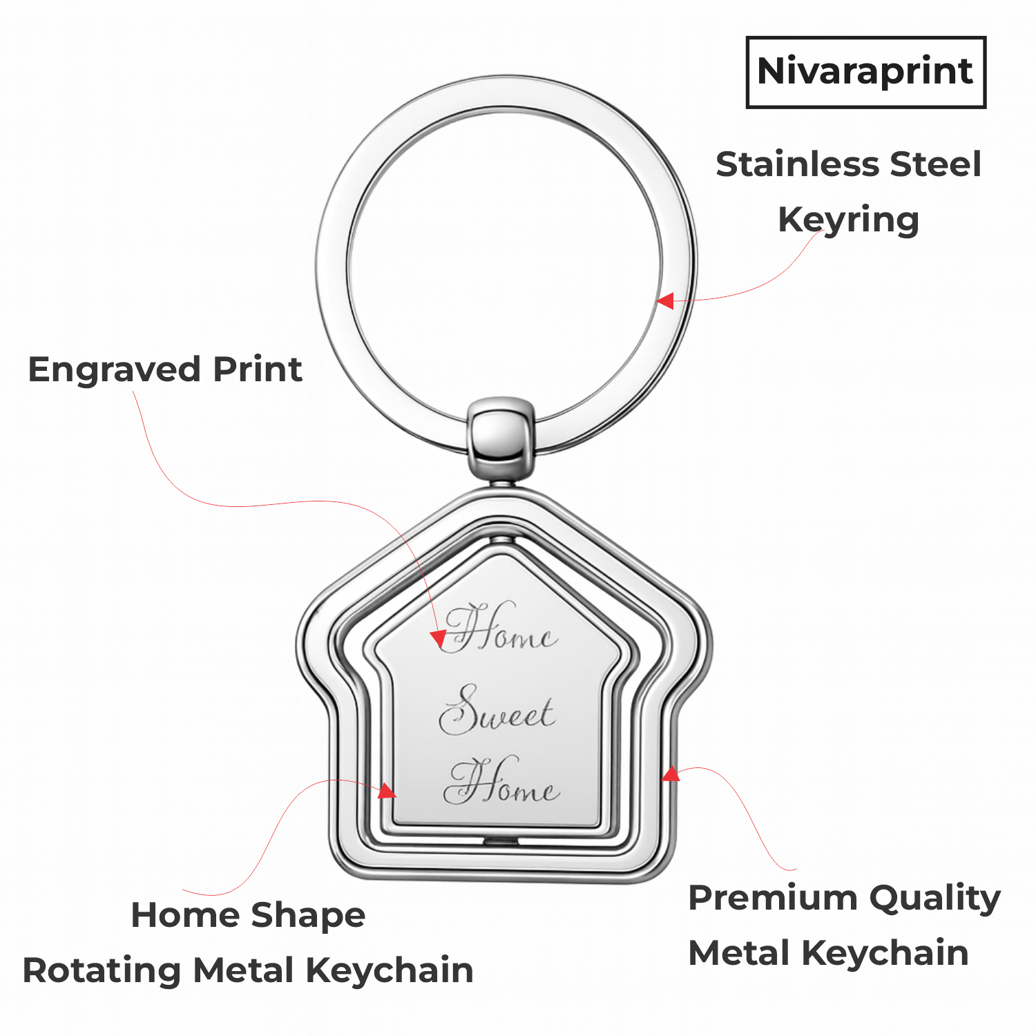 Stickerji Home Sweet Home Keychain | Metal Keychain | Home Shape | Rotating Keychain | Pack of 2 - Stickerji premium quality product - View 2