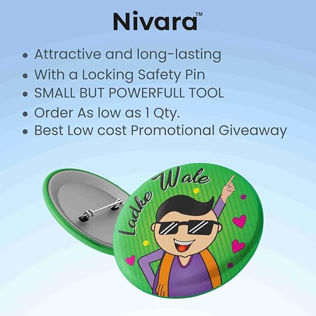 Wedding badge product features - attractive, long-lasting pin button with locking safety pin, available for single quantity orders