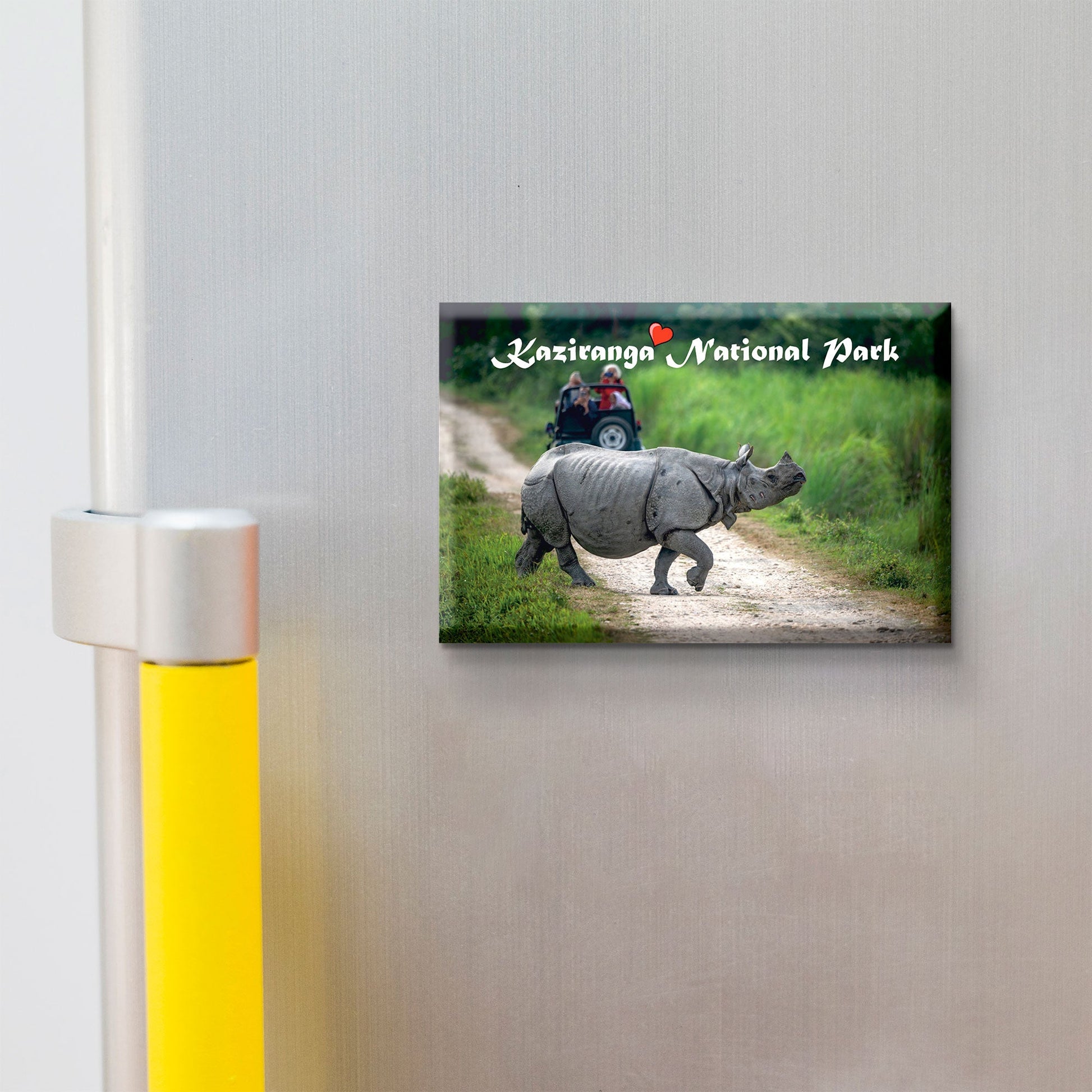 Kaziranga National Park wooden fridge magnet on refrigerator – one-horned rhino souvenir travel keepsake gift by Stickerji