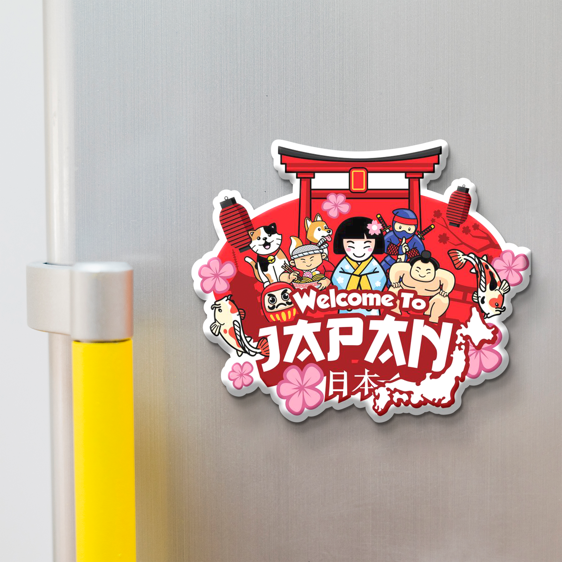 Stickerji Japan Wooden Fridge Magnet on a refrigerator – Welcome to Japan design with torii gate, anime characters and cherry blossoms