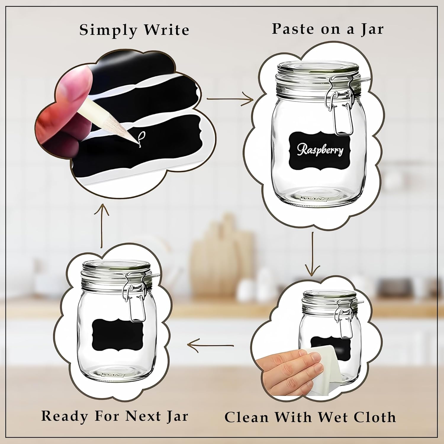 Stickerji 100 Piece Waterproof Vinyl Black Labels Stickers for Mason Jar Glass & Plastic Bottles | With 1 Piece White Pencil - Stickerji premium quality product - View 3