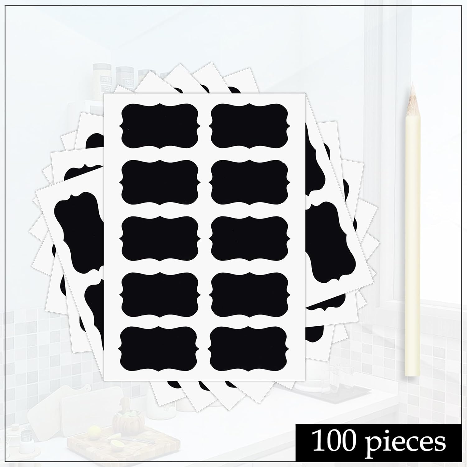 Stickerji 100 Piece Waterproof Vinyl Black Labels Stickers for Mason Jar Glass & Plastic Bottles | With 1 Piece White Pencil - Stickerji premium quality product - View 5