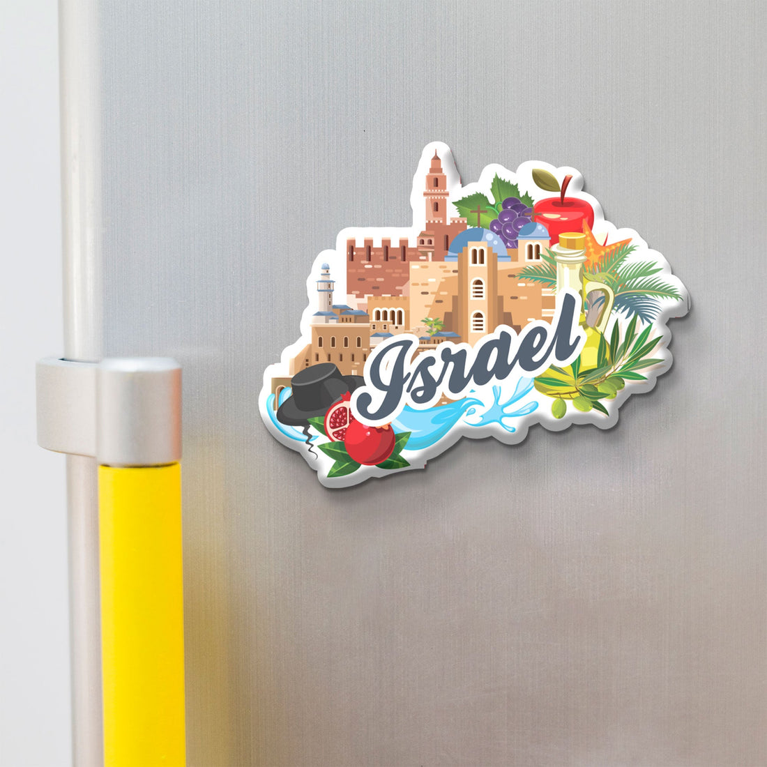 Stickerji Israel Wooden Fridge Magnet on refrigerator - Israel shaped souvenir magnet with colorful landmark illustration