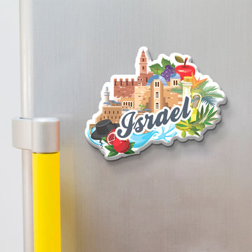 Stickerji Israel Wooden Fridge Magnet on refrigerator - Israel shaped souvenir magnet with colorful landmark illustration