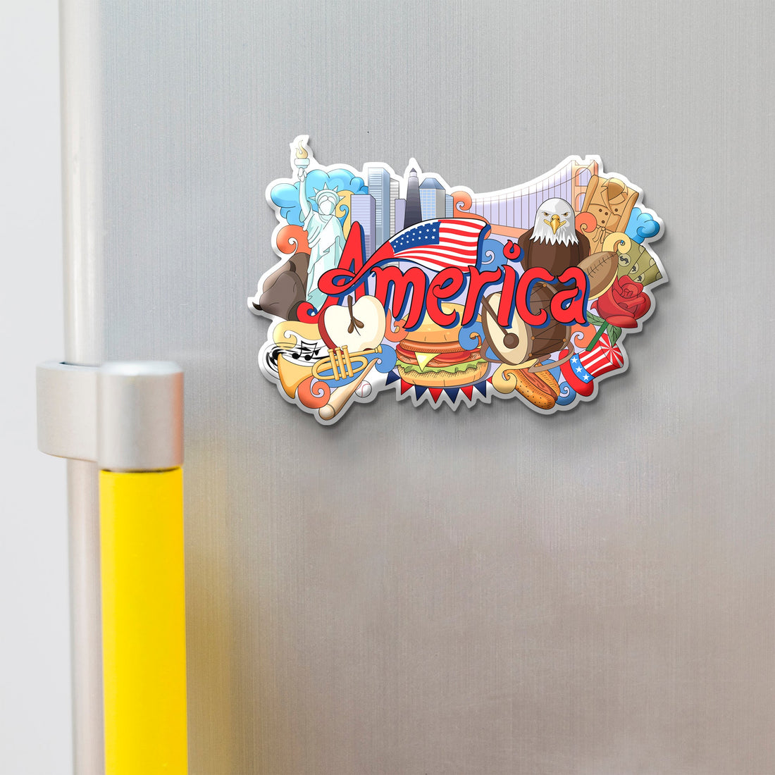 Decorative 'America' magnet on a refrigerator door