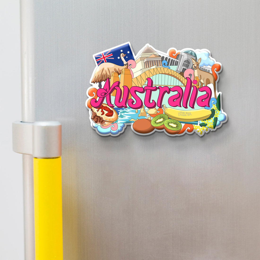 Fridge magnet with 'Australia' text and various icons on a metallic surface