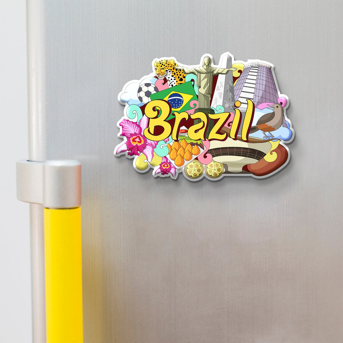 Colorful Brazil-themed fridge magnet on a refrigerator door