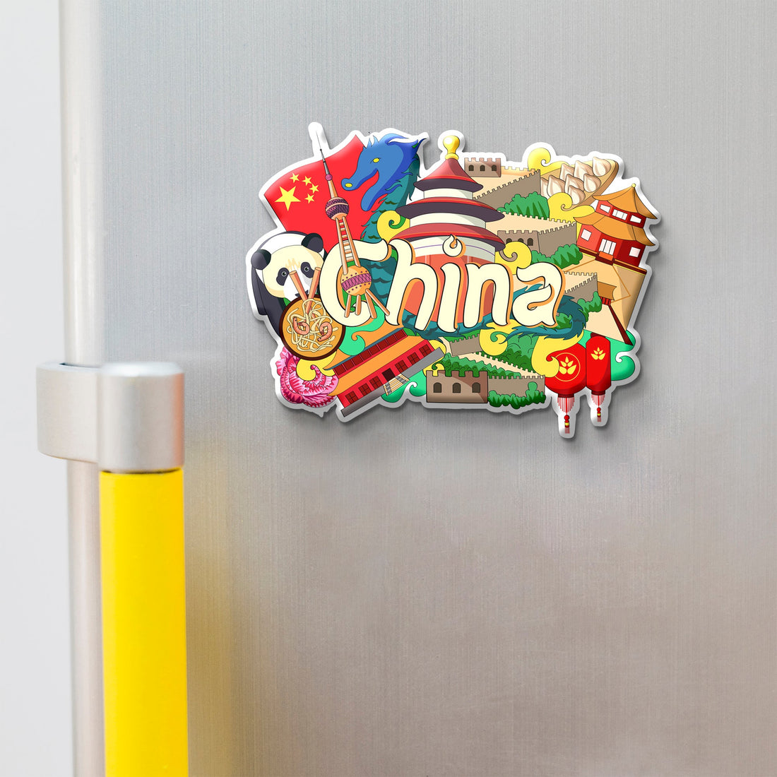 Colorful 'China' themed magnet on a refrigerator