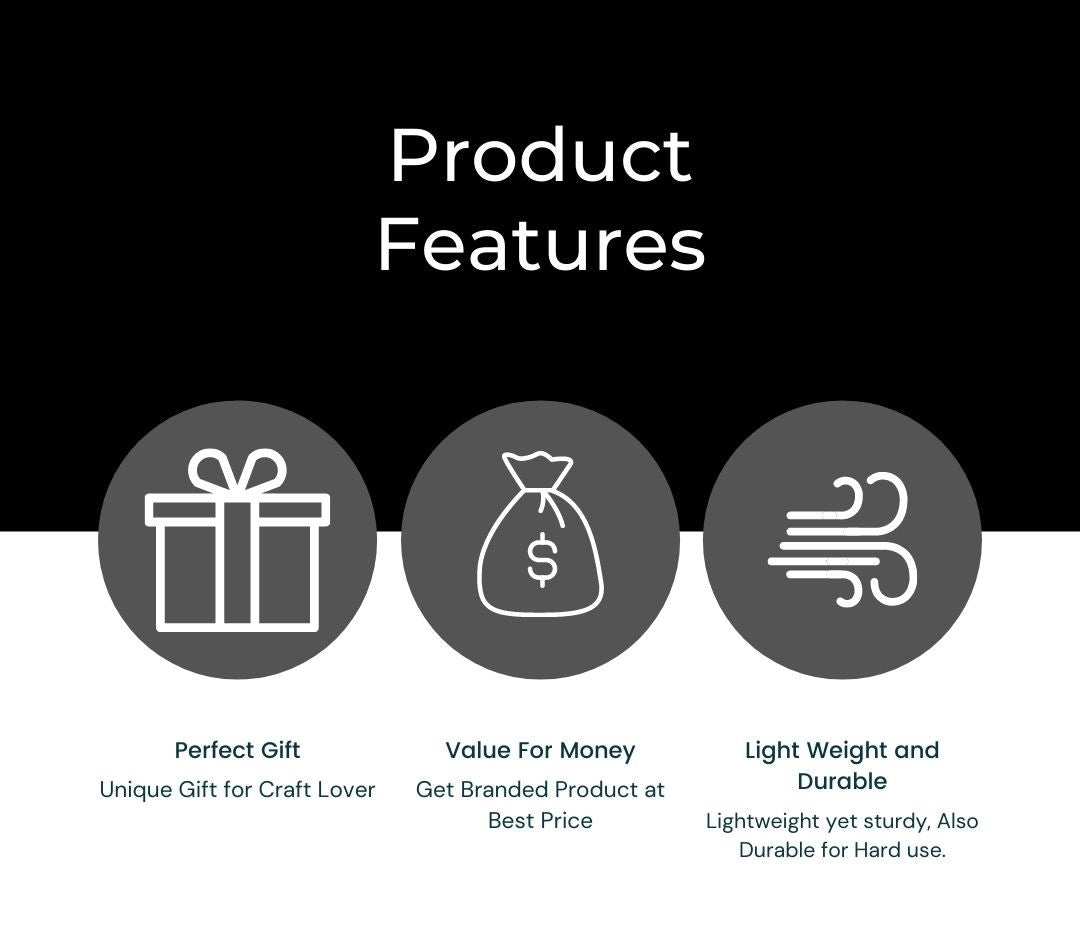 Product features with icons and descriptions on a black and white background
