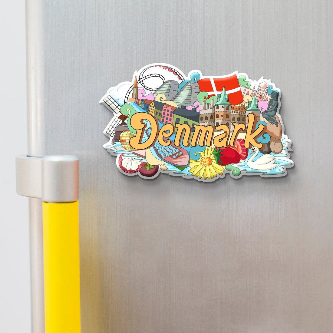 Stickerji Denmark Wooden Fridge Magnet displayed on a refrigerator – colorful souvenir travel gift