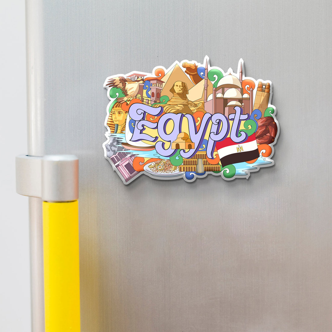 Stickerji Egypt Wooden Fridge Magnet displayed on refrigerator – colorful Egypt souvenir with pyramids, Sphinx and Egyptian flag artwork