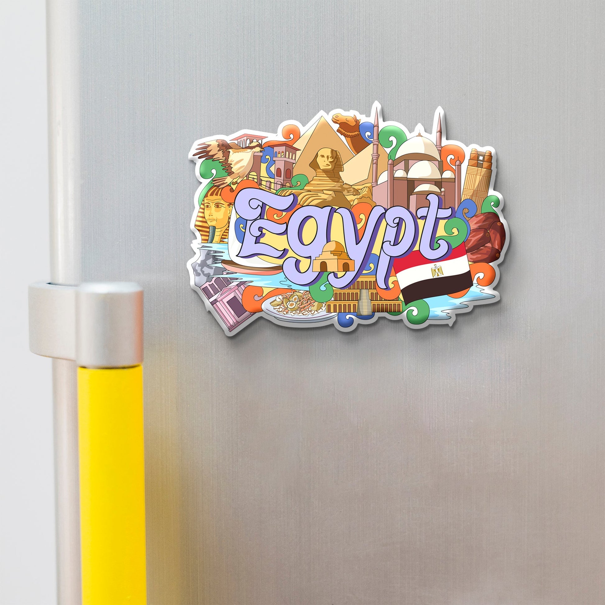 Stickerji Egypt Wooden Fridge Magnet displayed on refrigerator – colorful Egypt souvenir with pyramids, Sphinx and Egyptian flag artwork