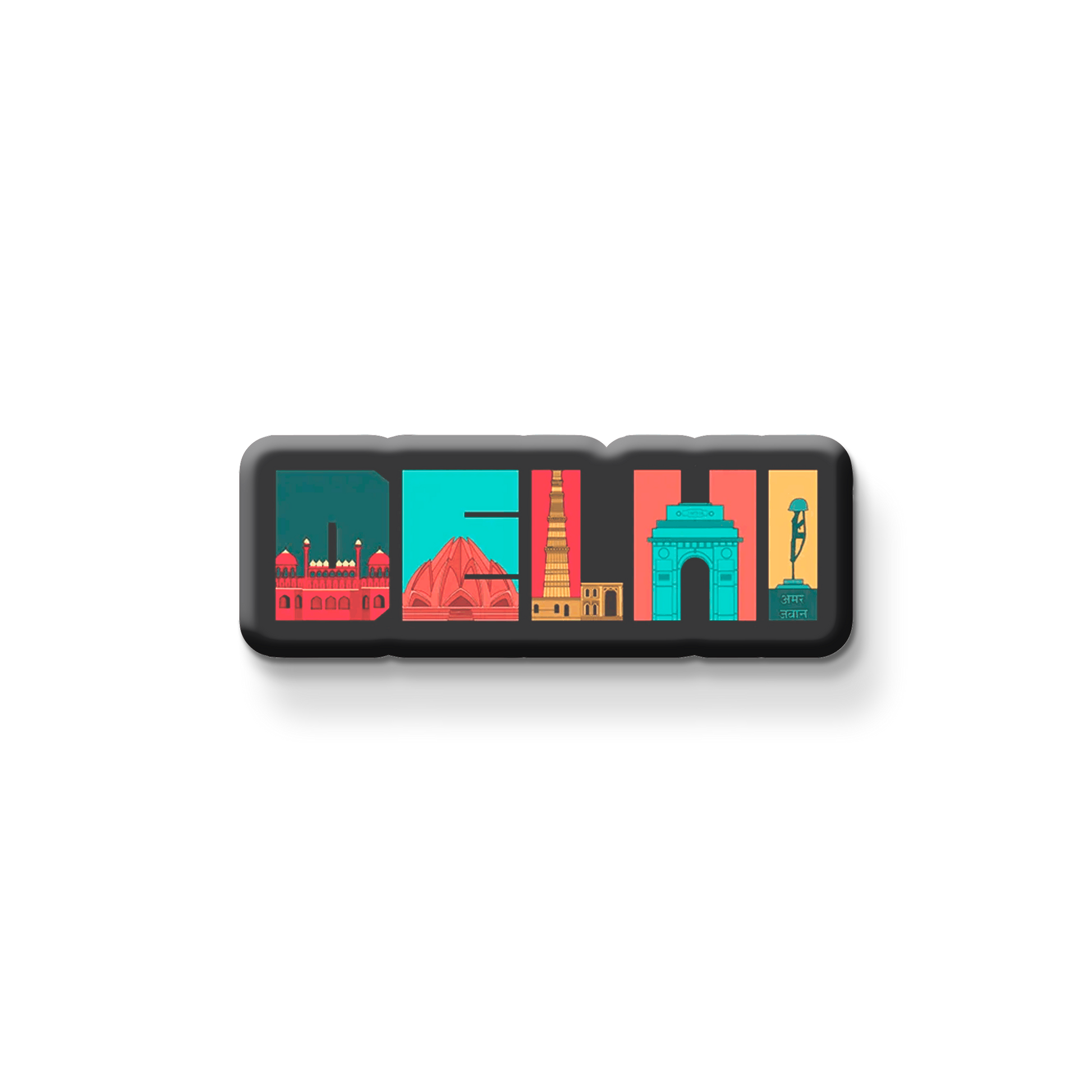 Decorative 'DELHI' magnet with colorful illustrations on a refrigerator