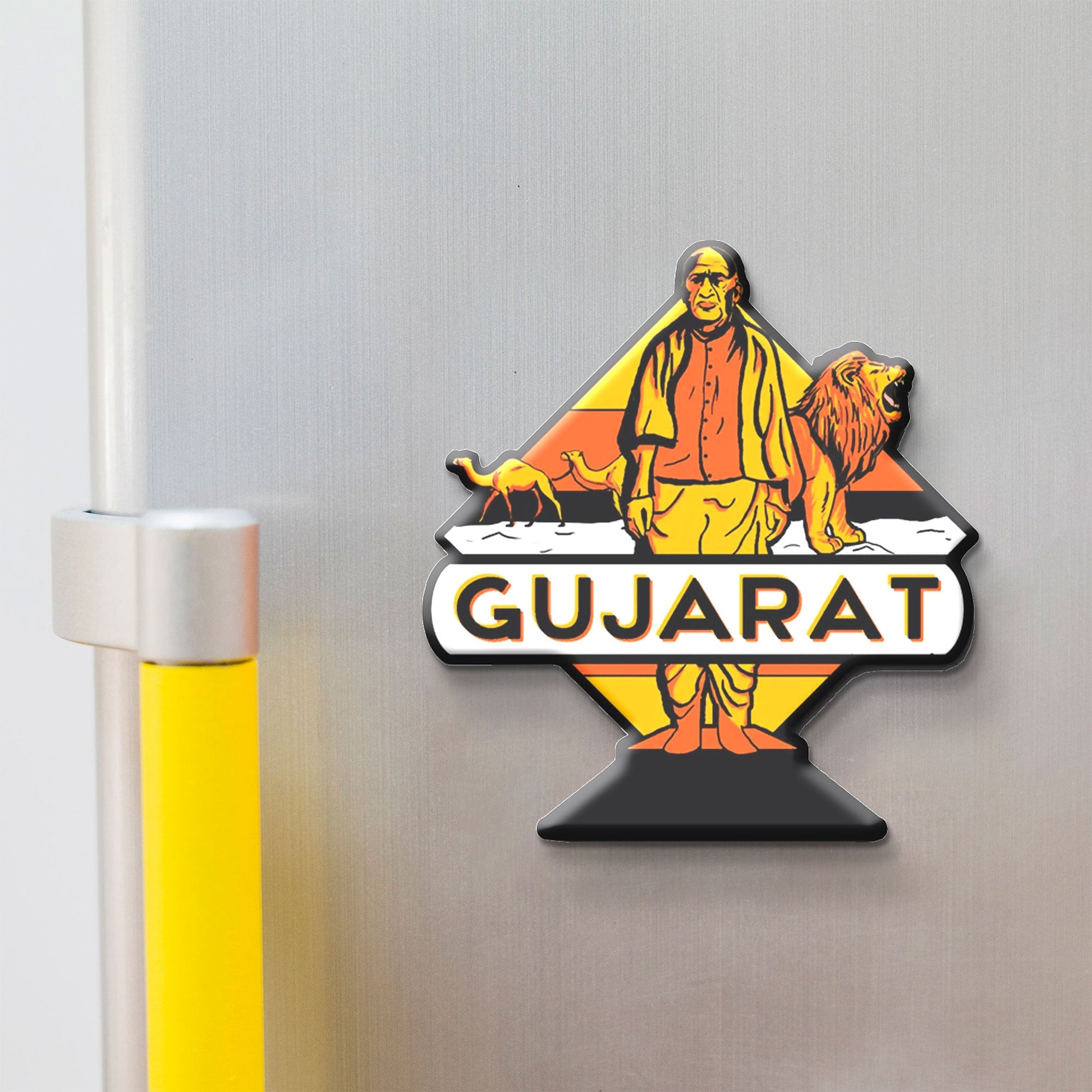 Gujarat wooden fridge magnet with Gir lion, Gandhi, Rann of Kutch – handcrafted souvenir by Stickerji
