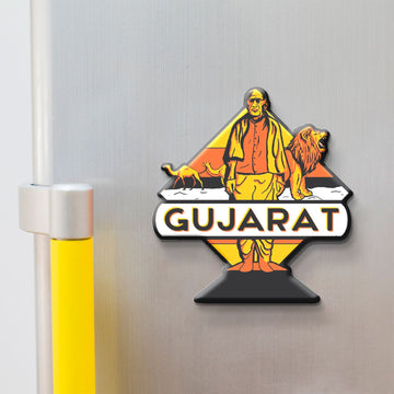Gujarat wooden fridge magnet with Gir lion, Gandhi, Rann of Kutch – handcrafted souvenir by Stickerji