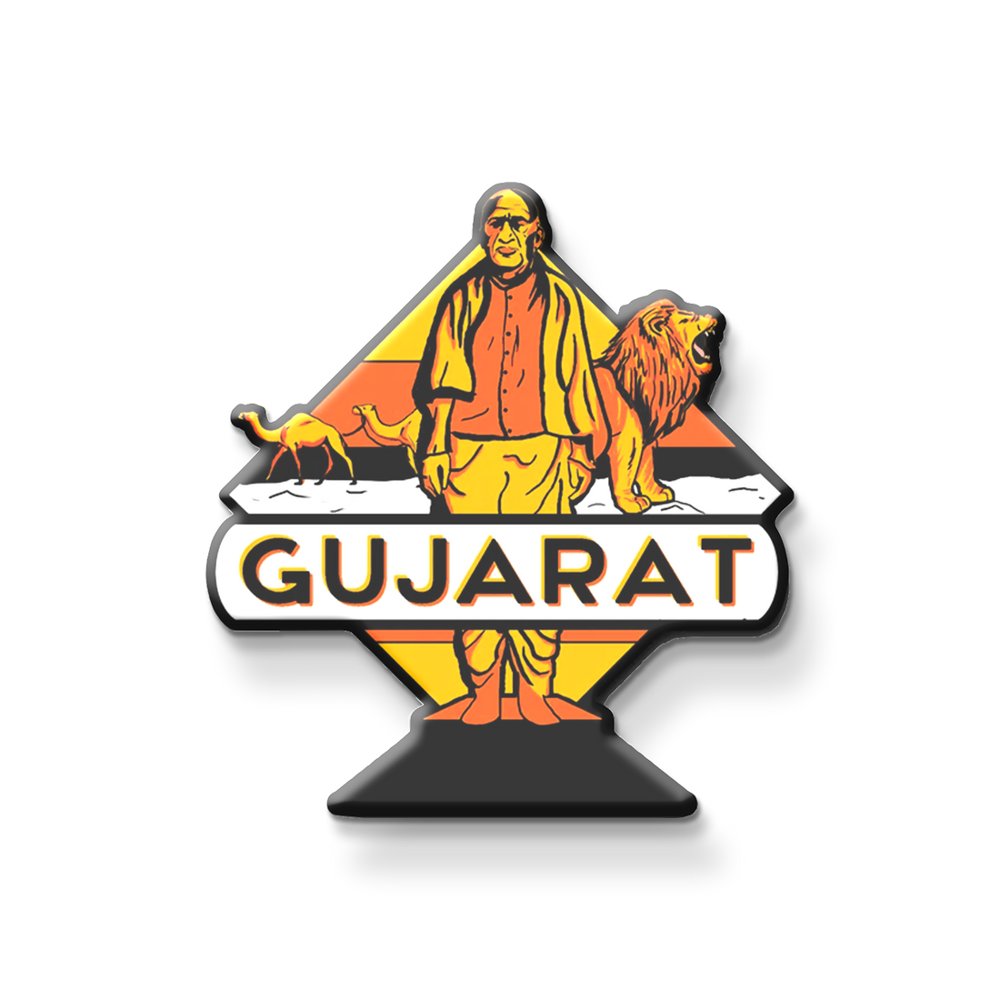 Gujarat wooden fridge magnet with Gir lion, Gandhi, Rann of Kutch – handcrafted souvenir by Stickerji