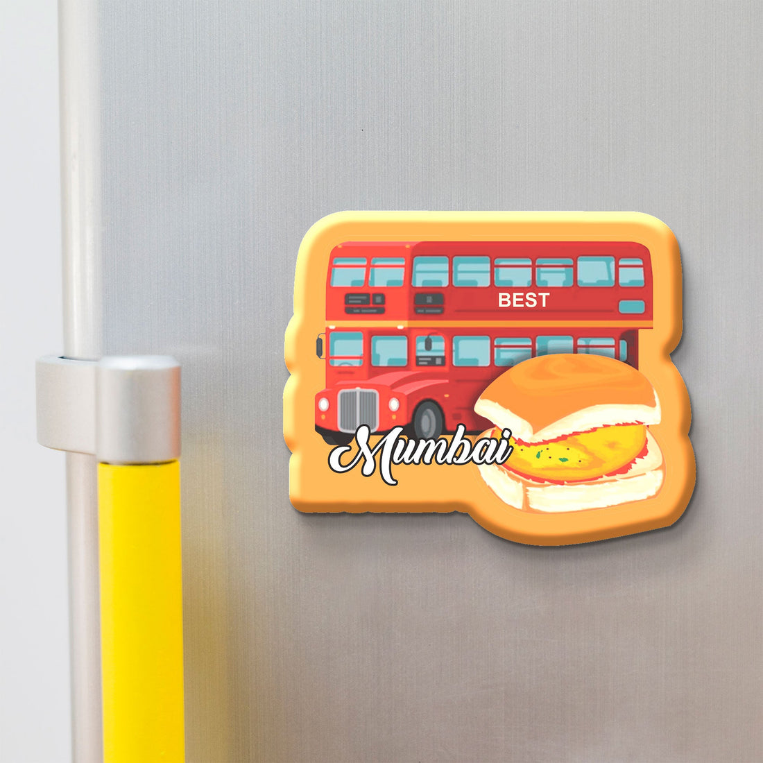 Fridge 'MUMBAI' magnet with a red double-decker bus on a metallic surface