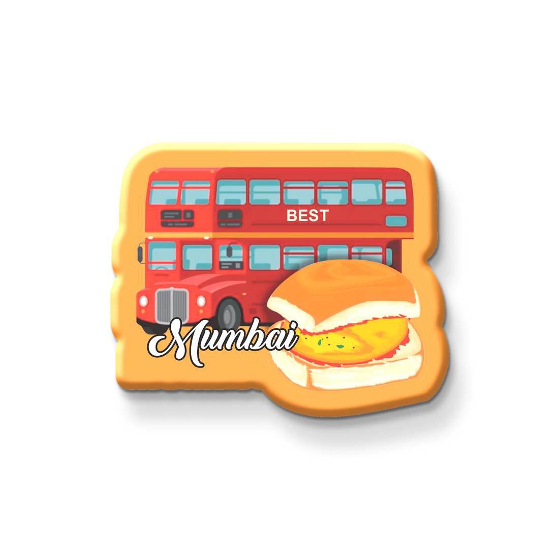 Fridge 'MUMBAI' magnet with a red double-decker bus on a metallic surface