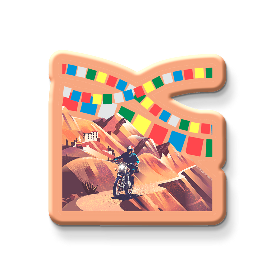 Decorative 'LADAKH' magnet with a motorcycle rider and colorful flags on a metallic surface