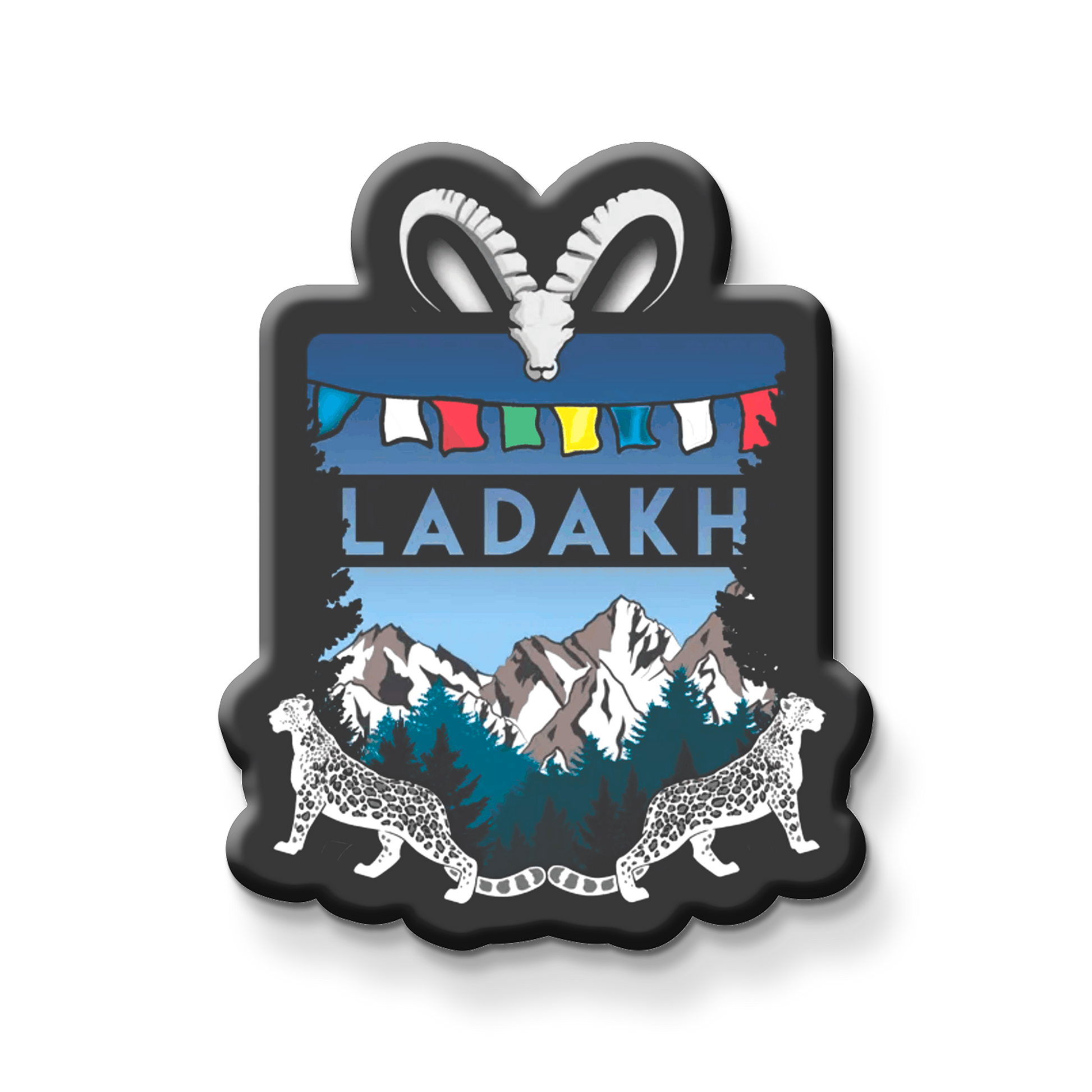 Fridge magnet with mountain and leopard design featuring the word 'Ladakh'.