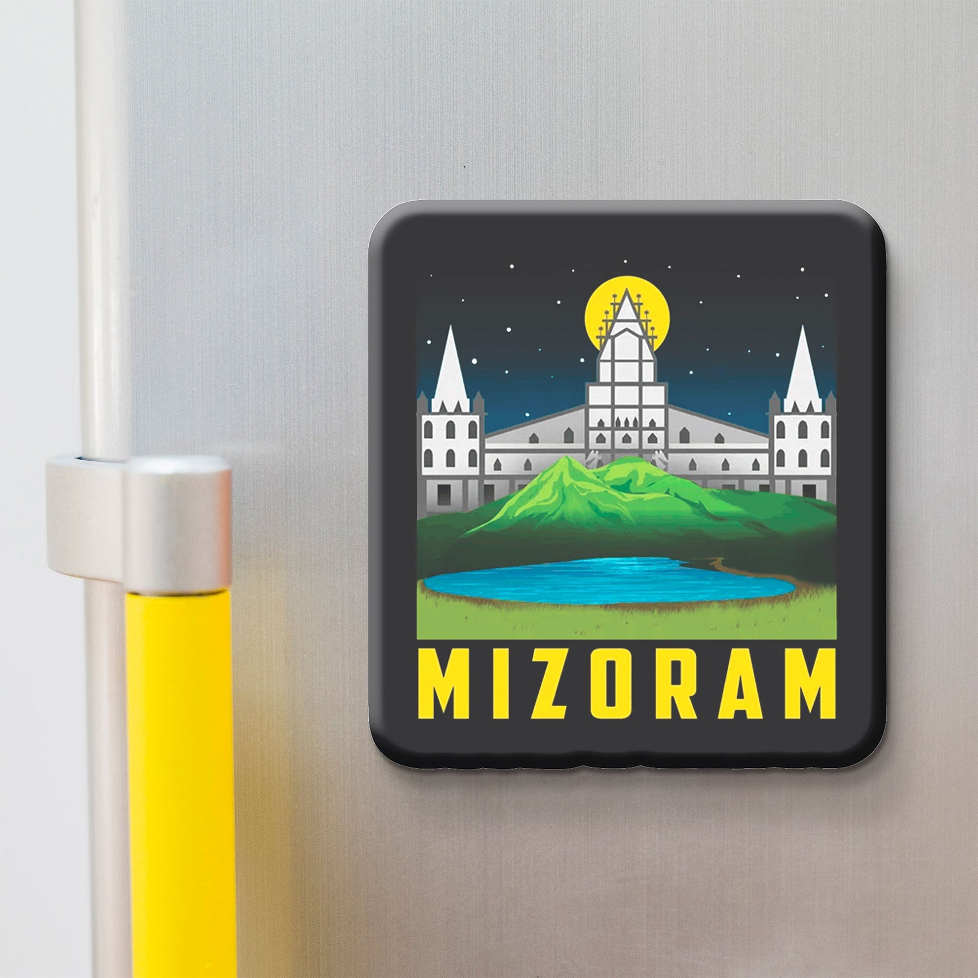 Mizoram wooden fridge magnet with Blue Mountain, Mizo heritage – handcrafted souvenir by Stickerji
