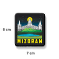 Magnet with a scenic design and 'Mizoram' text, showing dimensions on a white background.