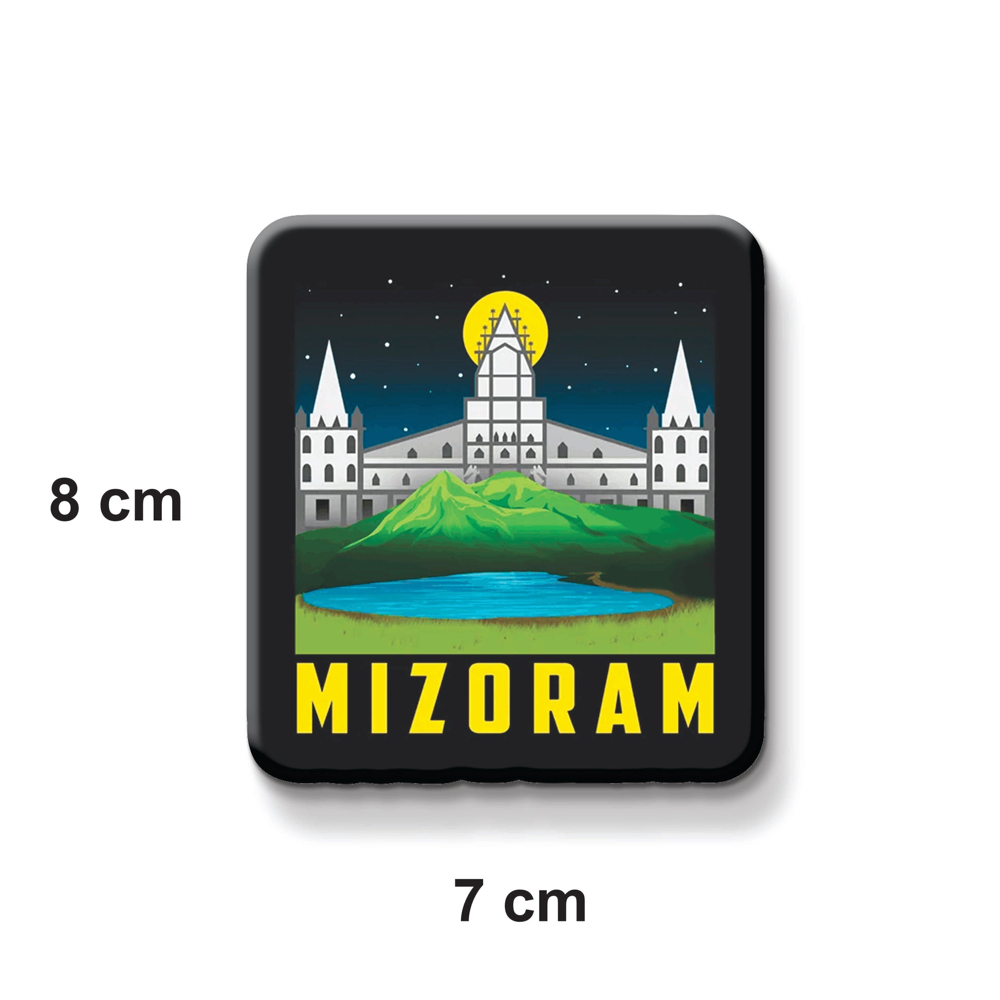 Magnet with a scenic design and 'Mizoram' text, showing dimensions on a white background.