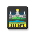 Magnet with illustration of buildings and mountains, labeled 'Mizoram' on a black background
