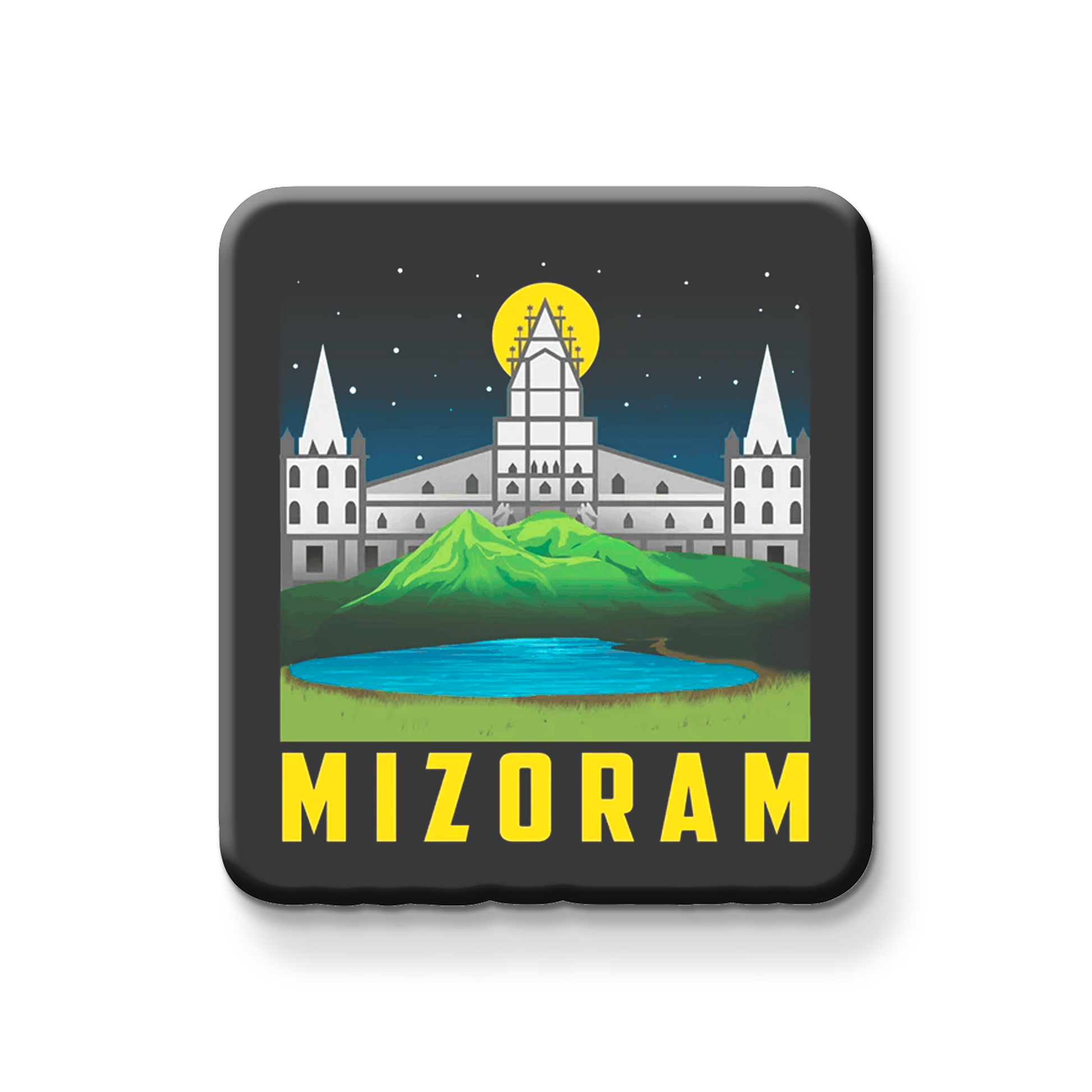 Magnet with illustration of buildings and mountains, labeled 'Mizoram' on a black background