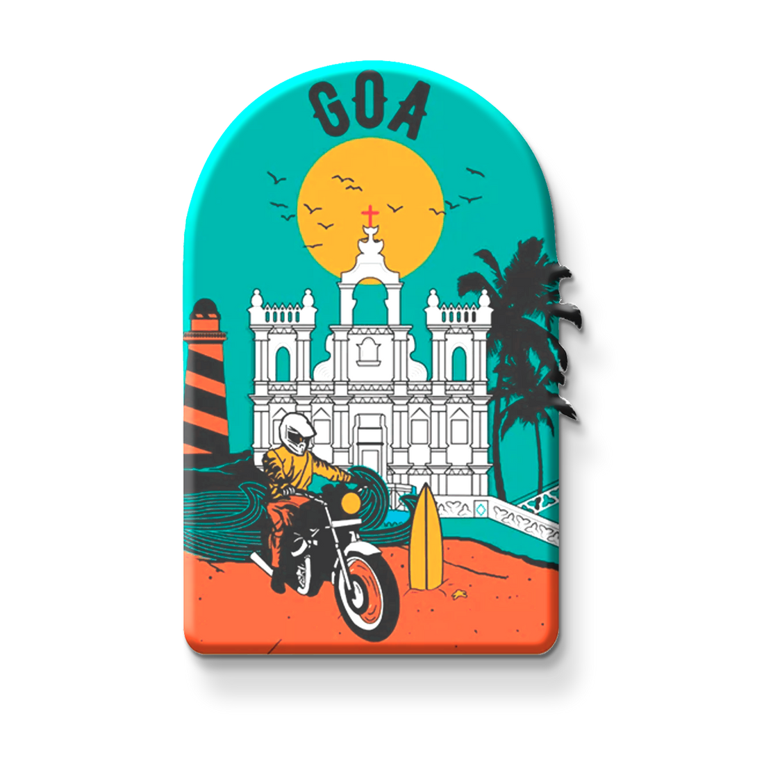 Goa wooden fridge magnet with beaches, church, and palm trees – handcrafted souvenir by Stickerji
