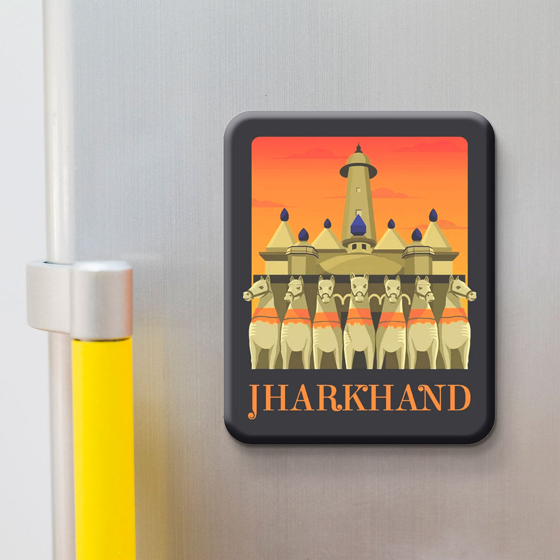 Magnet with illustration of a temple and horses, featuring the word 'Jharkhand' on an orange background.