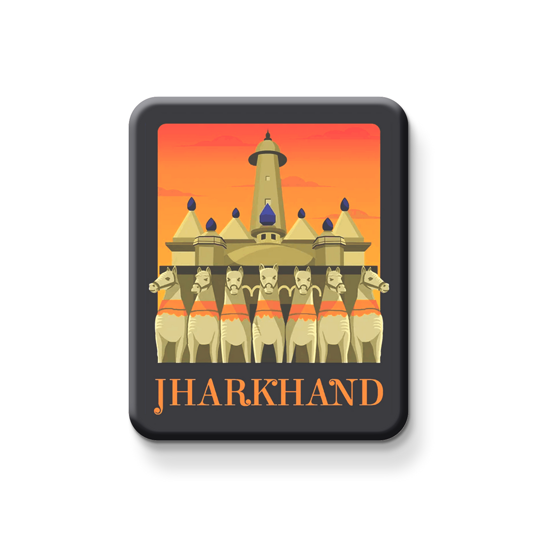 Magnet with illustration of a temple and horses, featuring the word 'Jharkhand' on an orange background.