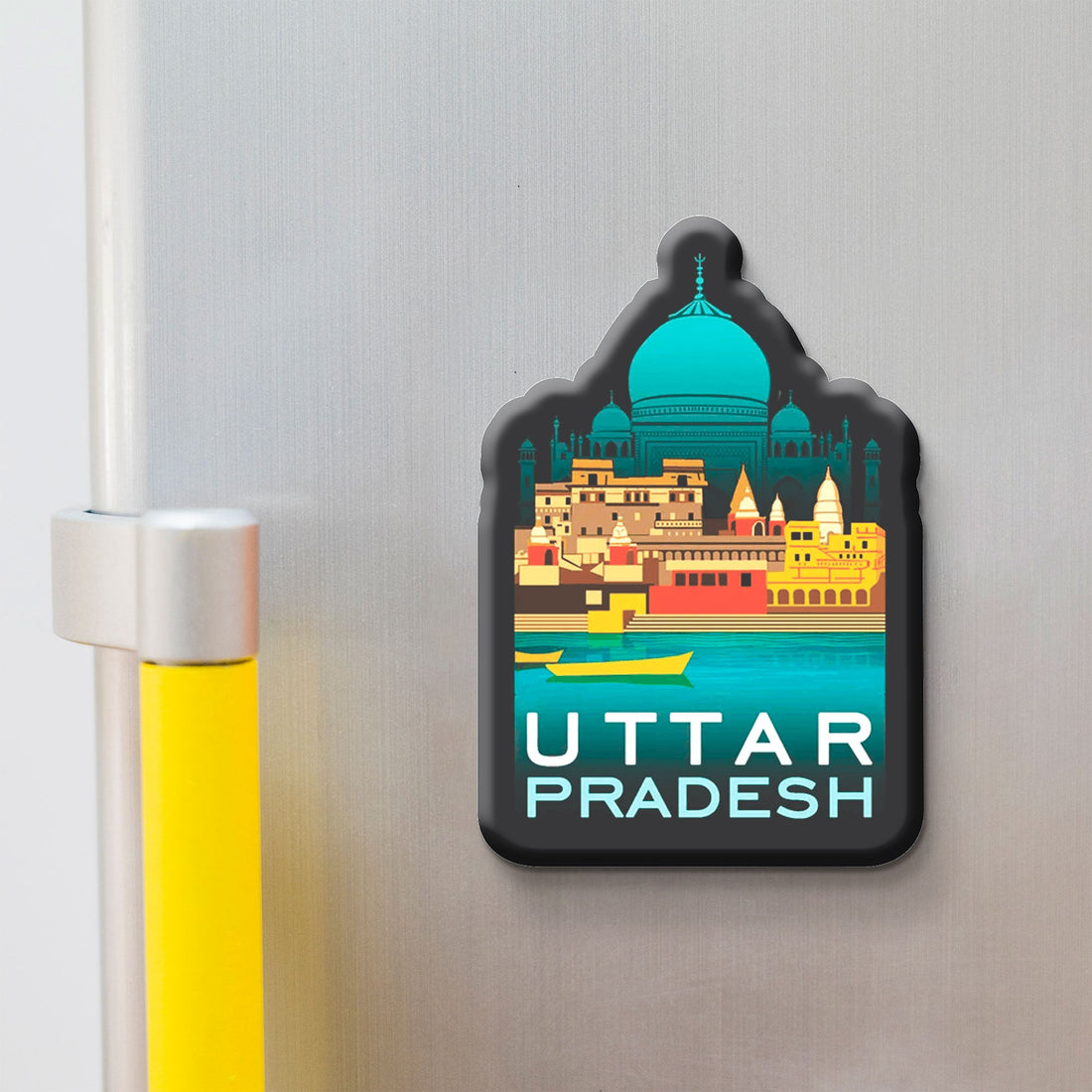 Uttar Pradesh wooden fridge magnet with Taj Mahal, Varanasi ghats – handcrafted souvenir by Stickerji
