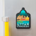 Uttar Pradesh wooden fridge magnet with Taj Mahal, Varanasi ghats – handcrafted souvenir by Stickerji
