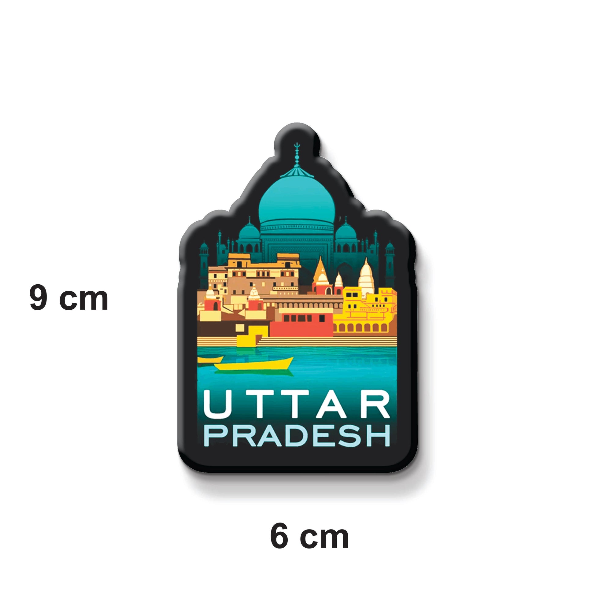 Fridge magnet with 'Uttar Pradesh' text and architectural design, showing dimensions on a white background.