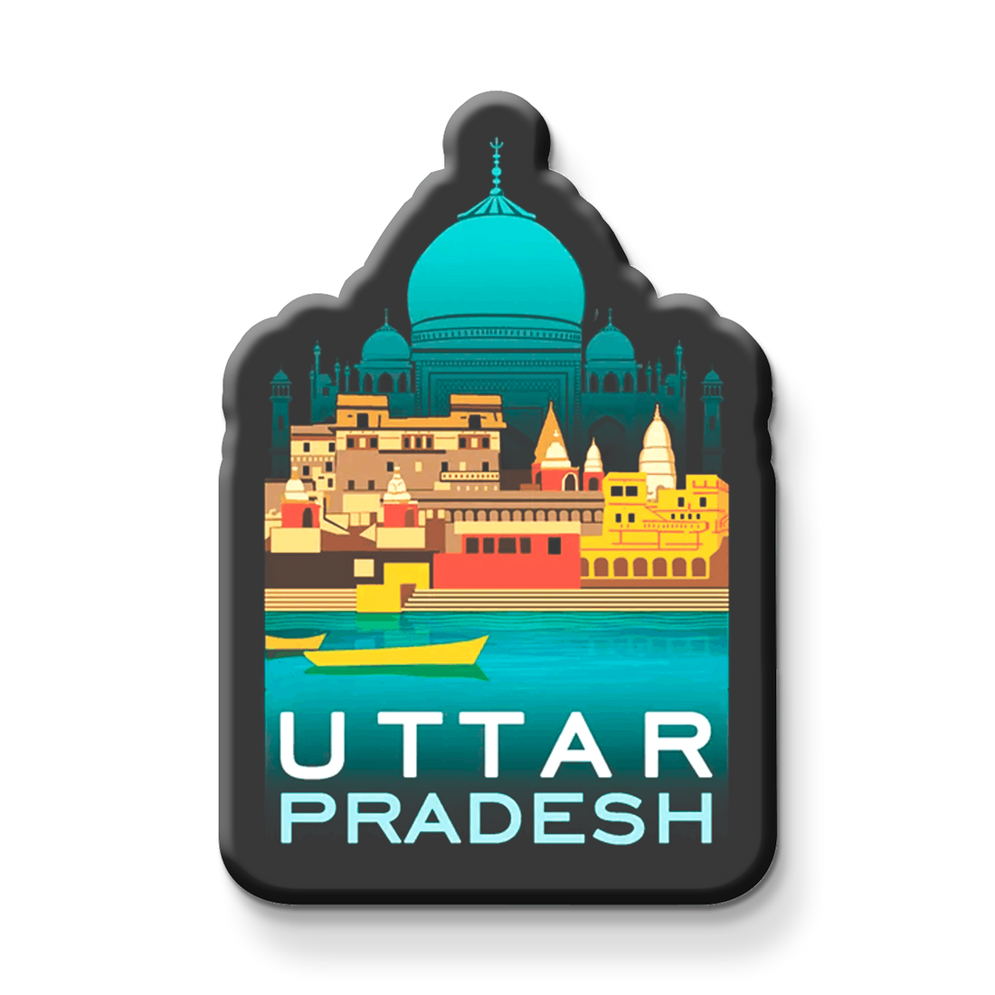Uttar Pradesh wooden fridge magnet with Taj Mahal, Varanasi ghats – handcrafted souvenir by Stickerji
