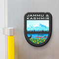 Jammu & Kashmir wooden fridge magnet with Dal Lake, Himalayan peaks, and shikara boat – handcrafted souvenir by Stickerji