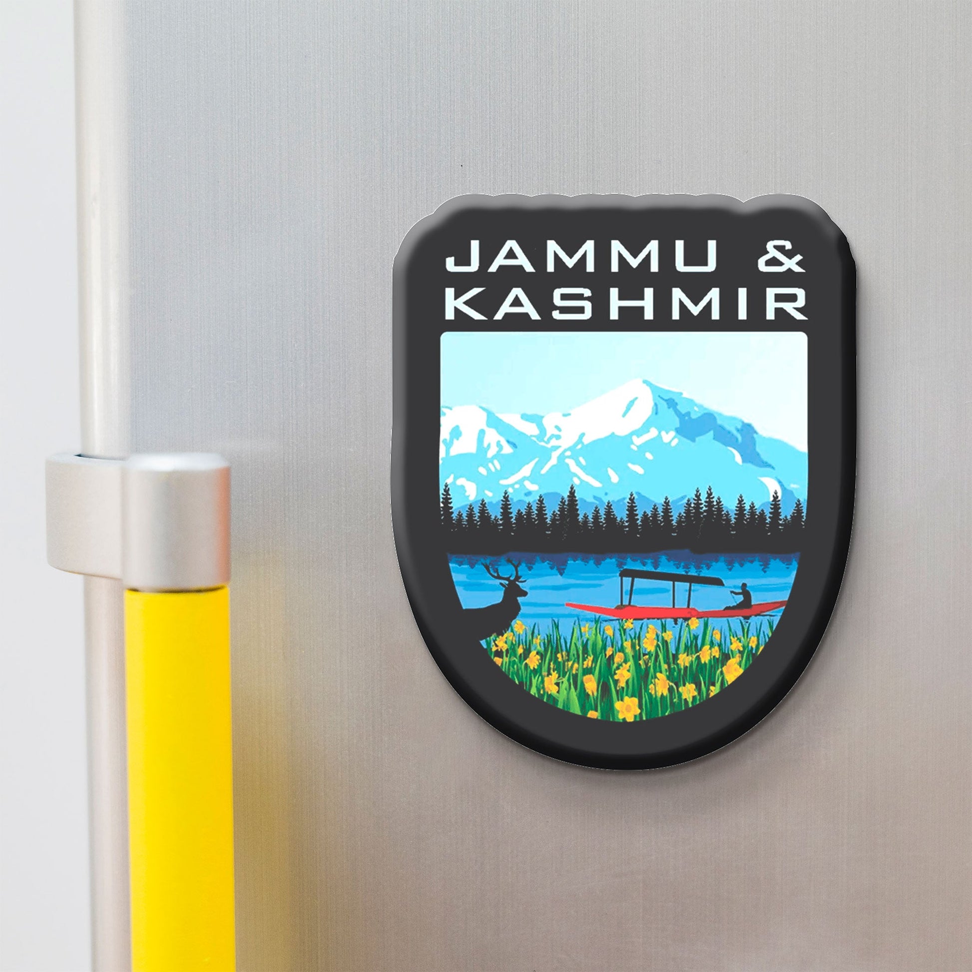 Jammu & Kashmir wooden fridge magnet with Dal Lake, Himalayan peaks, and shikara boat – handcrafted souvenir by Stickerji