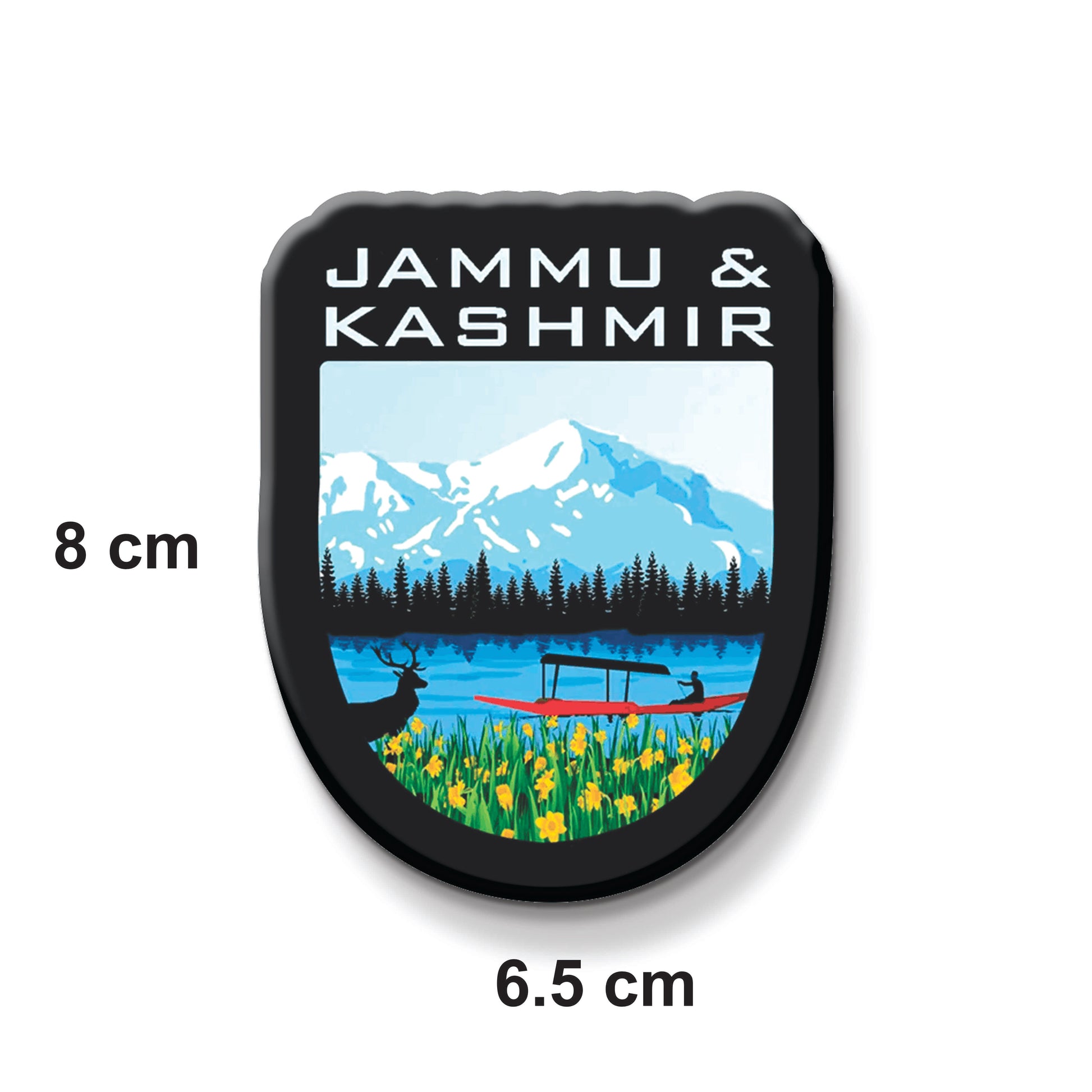 Magnet with 'Jammu & Kashmir' text and scenic design on a white background