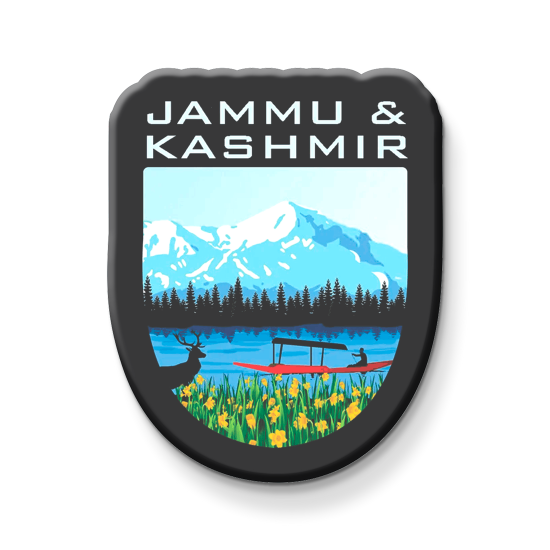 Fridge magnet with 'Jammu & Kashmir' design on a metallic surface