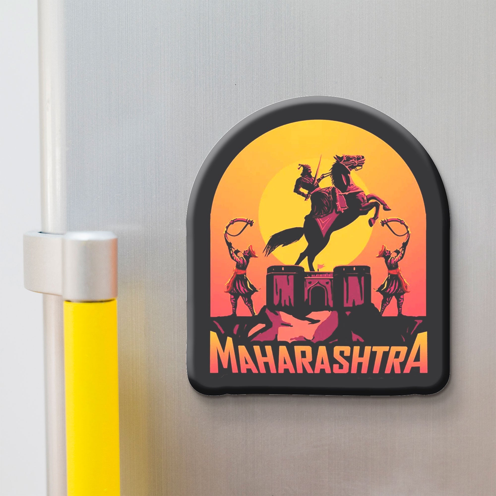 Fridge magnet with a design of a Chatrapati Shivaji Maharaj, two guards, and the word 'Maharashtra' on a yellow and orange background.