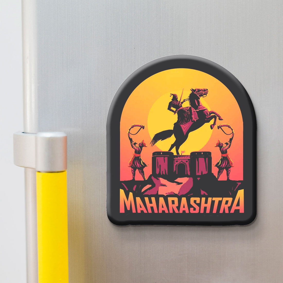 Fridge magnet with a design of a Chatrapati Shivaji Maharaj, two guards, and the word 'Maharashtra' on a yellow and orange background.